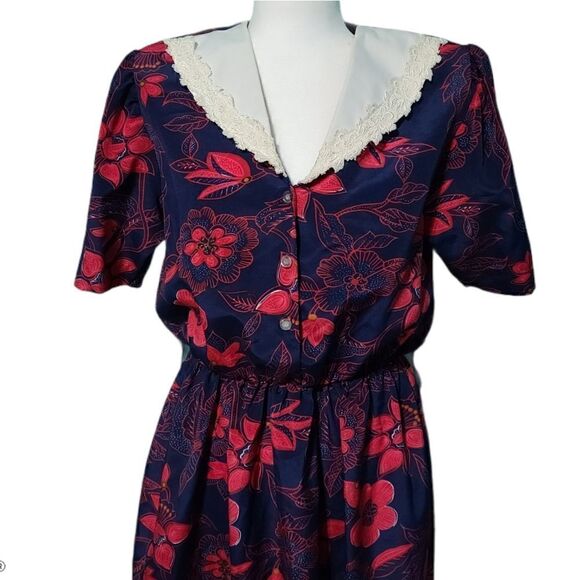 Vintage Secretary Geek Floral Navy Cherry Red Dress White Laced Collar Medium - Picture 3 of 12